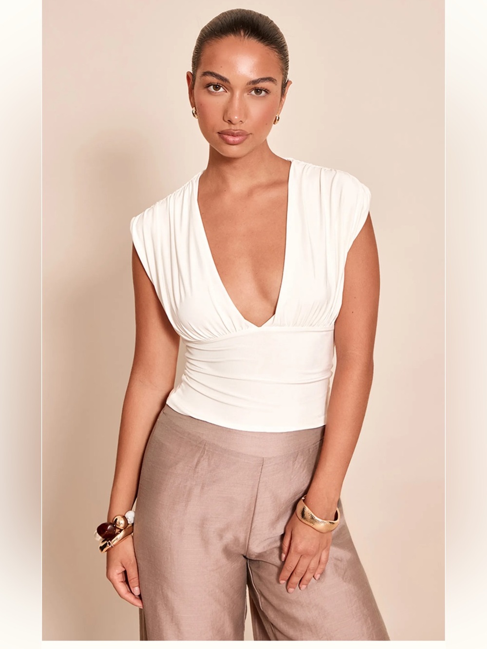 Double Layer Slinky Drape Plunging Top